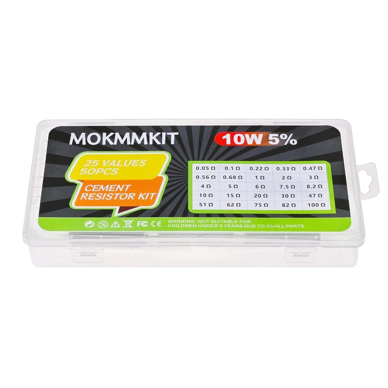 MOKMMKIT 25 Values 50 Pieces Ceramic Cement Resistor KIT 10W Resistance 10 Watt ±5% Power Resistors (0.05 Ohm - 100 Ohm) - Image 5